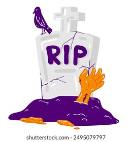 Spooky Halloween Tombstone crow and Hand