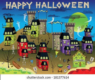 spooky Halloween town with lava lake/Spooky Ville2/Happy Halloween letters are saved on a separate layer so you can take it out and add your own type