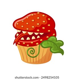 A spooky Halloween treat. Delicious cupcake with a toothy strawberry monster. Carnivorous plant. For sticker, poster, card, design element