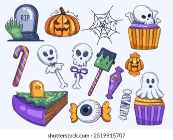 Spooky Halloween Treats and Tricks Illustration Set features a collection of Halloween-themed elements, including a green zombie hand rising from a gravestone, a pumpkin, spider webs, candy, and food.