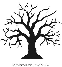 Spooky Halloween tree black silhouette isolated on white background, vector eps 10. Dry leafless bare dark tree, broken branches cut out design element. Creepy cartoon single tree flat illustration