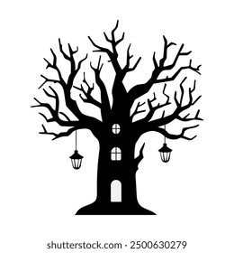 Spooky Halloween Tree. Spooky tree in black and white color, silhouette. Flat vector illustration. Spooky tree for Halloween