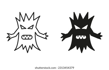 Spooky Halloween Tree with Creepy Face Line and Silhouette Black Icon Set. Scary Monster Tree with Branch Hand Pictogram. Halloween Decoration Symbol Collection. Isolated Vector Illustration.
