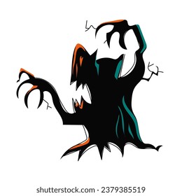 Spooky Halloween tree. A dark tree with an open mouth and clawed hands. Cartoon style. Vector illustration isolated.