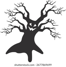 Espeluznante árbol de Halloween con diseño plano. Silueta de Vector aislado.