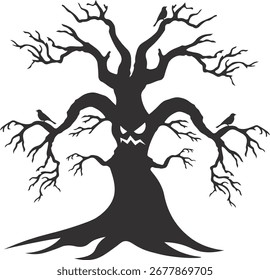 Espeluznante árbol de Halloween con diseño plano. Silueta de Vector aislado.