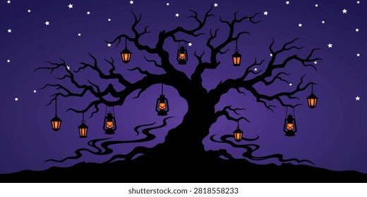 Spooky halloween tree with glowing hanging lanterns under starry night sky
