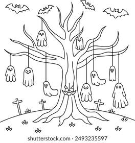 Spooky Halloween tree with hanging ghosts colouring. Halloween Outline Coloring Page