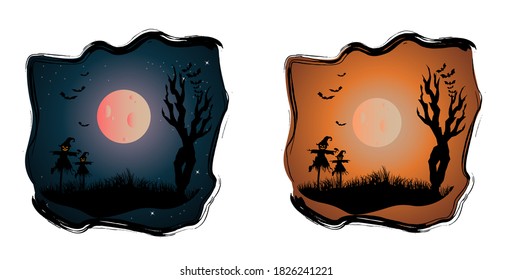 Spooky Halloween tree with scarecrows vector illustration for banners, party invitations and greeting cards
