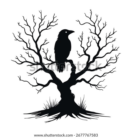 Spooky Halloween Tree Silhouette with Crow – Creepy Haunted Forest Illustration