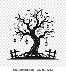 Spooky Halloween tree silhouette with spiderwebs, hanging lanterns, and bats, vector design.