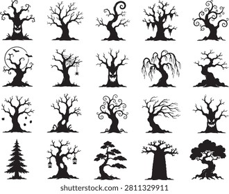 Spooky Halloween tree silhouettes, 20 creepy dead tree vector icons with gnarled branches, scary forest nature elements for seasonal design	
