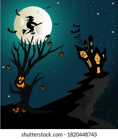 Spooky Halloween tree with witch flying on broom to her home vector illustration for banners, party invitations and greeting cards.