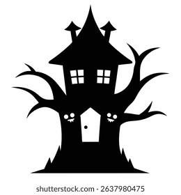 Spooky halloween treehouse silhouette illustration.