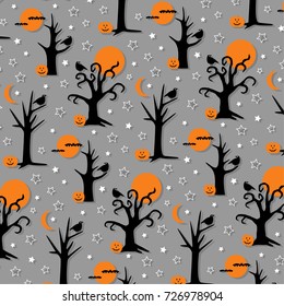 spooky halloween trees and birds vector background pattern

