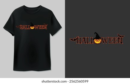 Spooky Halloween T-Shirt Design with Pumpkin and Witch Hat