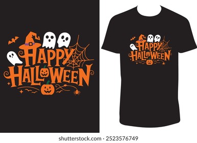 A spooky Halloween t-shirt featuring a glowing jack-o'-lantern, surrounded by eerie bats and a full moon. Ghostly silhouettes creep in the background, while twisted tree branches frame the scene,