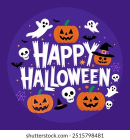 Spooky Halloween Typography with Festive Elements on Purple Background