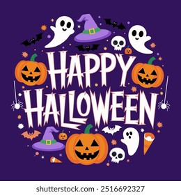 Spooky Halloween Typography with Festive Elements on Purple Background
