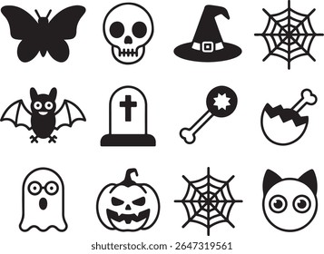 Spooky Halloween Vector Art Assortment Featuring Bats Pumpkins Skulls and Cobwebs Perfect for Creepy Designs and Decorations