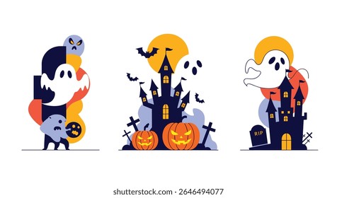 Spooky halloween vector art collection with ghosts pumpkins and haunted house