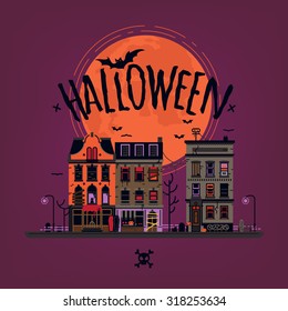 Spooky Halloween vector background with creepy haunted town street at night. Ideal for greeting cards, posters and banners | Nightmare cartoon city landscape