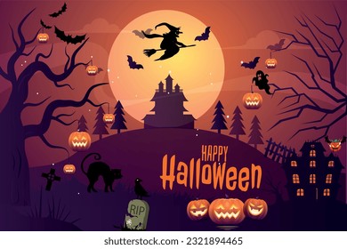 Spooky Halloween vector background design with glowing pumpkin and dark night landscape of graveyard under the moonlight and black cat.