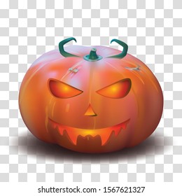 Spooky halloween vector background of a drawn pumpkin in realistic style. The luminous face of Jack O. Lantern for Halloween.