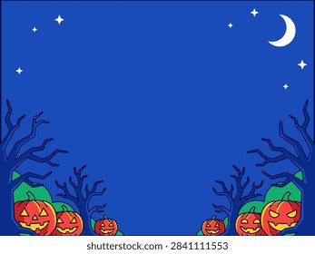 Spooky Halloween vector background featuring halloween spooky night backdrop gnarly with flying bat silhouettes, carved pumpkin, and spacious central copy space.