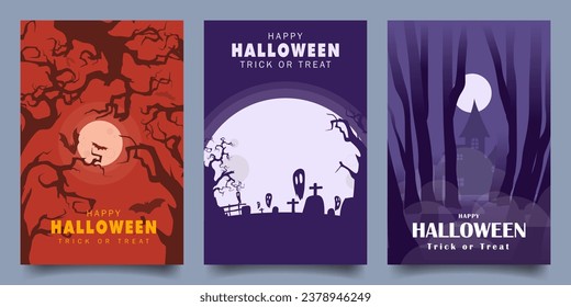 spooky Halloween vector design illustration with scary forest and cemetery scene. for card, banner, poster, social media, promotion