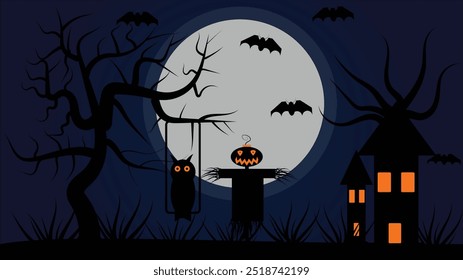 Spooky Halloween vector featuring a full moon, twisted trees, a scarecrow with a pumpkin head, and flying bats. Perfect for eerie and festive Halloween designs.