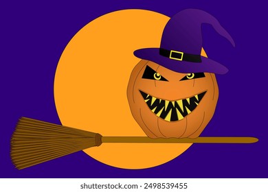 Spooky Halloween vector featuring a grinning pumpkin with a witches hat riding a broomstick in front of a full moon. Perfect for festive designs and promotions.