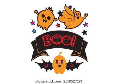 Spooky Halloween vector featuring pumpkins, ghosts, and bats. Perfect for seasonal designs, party invites, and themed decorations.