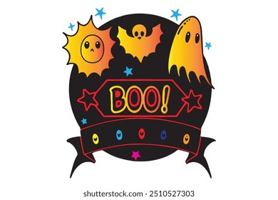 Spooky Halloween vector featuring pumpkins, ghosts, and bats. Perfect for seasonal designs, party invites, and themed decorations.