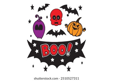 Spooky Halloween vector featuring pumpkins, ghosts, and bats. Perfect for seasonal designs, party invites, and themed decorations.
