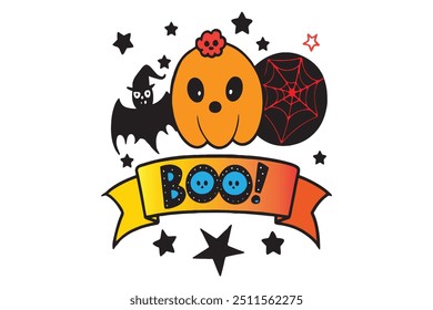 Spooky Halloween vector featuring pumpkins, ghosts, and bats. Perfect for seasonal designs, party invites, and themed decorations.