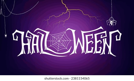 Sombrío fondo de ilustración vectorial de Halloween. Banner color púrpura con telaraña, arañas y truenos aterradores.