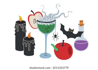 Spooky Halloween vector illustration with cocktail drink, witch potion brewing in glass, surrounded by eerie elements, black candles with spider, and poisonous apple. Composition for Halloween theme