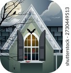 A spooky Halloween vector illustration featuring a haunted house under a full moon, surrounded by bare trees, flying bats, and eerie details like bloody handprints on the windows, a spider on the wall, and a black bird perched in the moonlight. Perfect for horror-themed designs, Halloween posters, and decorations.
