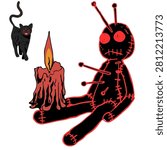 Spooky Halloween vector illustration featuring a creepy voodoo doll with pins, a melting candle, and a black cat. Hand-drawn horror clipart isolated on a white background, perfect for Halloween decorations, invitations, stickers, t-shirts, posters, and spooky-themed designs.