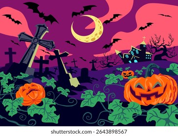 A spooky Halloween vector illustration featuring a haunted graveyard under a crescent moon. The scene includes jack-o'-lantern pumpkins, flying bats, crooked gravestones, a creepy church on a hill.
