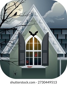 Eine gruselige Halloween-Vektorgrafik mit einem spukenden Haus unter Vollmond, umgeben von nackten Bäumen, fliegenden Fledermäusen und unheimlichen Details wie blutigen Handabdrücken an den Fenstern, einer Spinne an der Wand und einem schwarzen Vogel, der im Mondlicht thront. Perfekt für Horror-Motive, Halloween-Poster und Dekorationen.