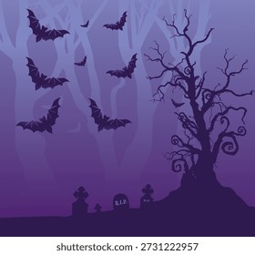 A spooky Halloween vector illustration featuring bats flying across a purple, moonlit sky, a barren tree with twisted branches, and a graveyard with tombstones, creating an eerie and mystical atmosphere perfect for Halloween-themed designs and decorations.