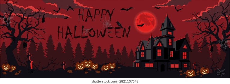 Spooky Halloween vector illustration featuring a haunted house, glowing pumpkins, red moon, bats, bare trees, and a dark forest background. Perfect for Halloween banners, posters, greeting cards, and seasonal designs