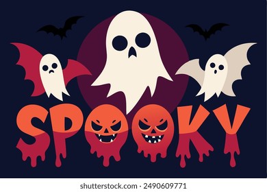 Spooky Halloween Vector Illustration with Ghosts and Bats - Eerie and Haunting Design for Seasonal Decorations, Party Invitations, and Digital Art Projects