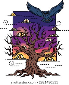 Spooky Halloween Vector Illustration with Gnarled Tree and Owl
