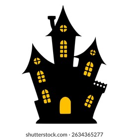 Spooky Halloween vector illustration of a haunted house with glowing yellow windows, perfect for holiday designs and decorations.