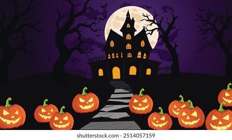 Spooky Halloween Vector Illustration with Pumpkin, Full Moon, Bats, and Haunted Castle. Perfect for Capturing the Eerie Atmosphere of Halloween Night