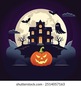 Spooky Halloween Vector Illustration with Pumpkin, Full Moon, Bats, and Haunted Castle. Perfect for Capturing the Eerie Atmosphere of Halloween Night