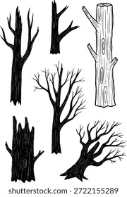 Spooky Halloween vector illustration set of bare tree silhouettes and wood logs, featuring withered trunks and branches in a stylized, hand-drawn texture